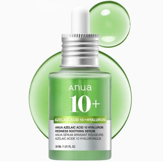 Anua Azelaic Acid 10 Hyaluron Redness Soothing Serum bottle, 30mL, with clear label and dropper applicator on a white background.