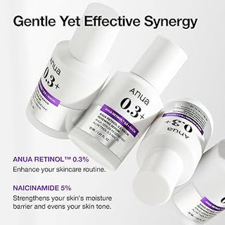 Anua Nano Retinol 0.3% Niacin serum in a clear bottle with dropper, featuring a minimalist label, designed for skin renewal.