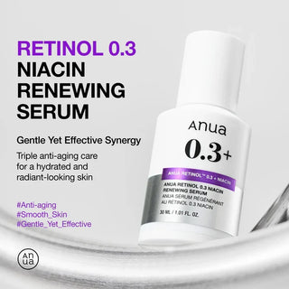 Anua Nano Retinol 0.3% Niacin Renewing Serum in a clear glass bottle with dropper, featuring a minimalist label design.