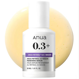 Anua Nano Retinol 0.3% Niacin serum in a clear bottle with dropper, designed for skin renewal and rejuvenation.