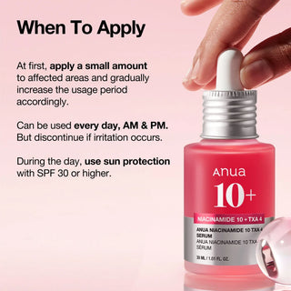 Anua Niacinamide 10% + TXA 4% serum in a dropper bottle, showcasing the skincare product designed to brighten and clarify skin.