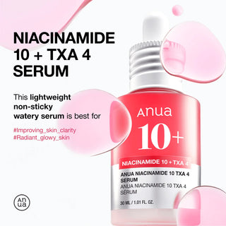 Anua Niacinamide 10% + TXA 4% serum in a clear glass bottle, with dropper applicator, on a white background.
