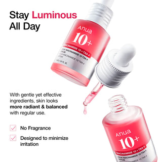 Anua Niacinamide 10% + TXA 4% serum bottle, clear glass container with dropper cap, on a neutral background