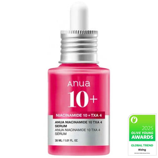Anua Niacinamide 10% + TXA 4% serum bottle with dropper, clear packaging, and product label visible.