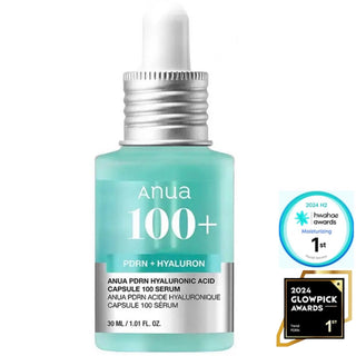 Anua PDRN Hyaluronic Acid Capsule 100 serum in a 30mL bottle, featuring a clear liquid serum in a pump dispenser.