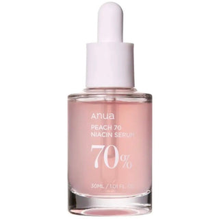 Anua Peach 70 Niacin Serum 30mL bottle with peach-colored label, displayed on a clean white background.