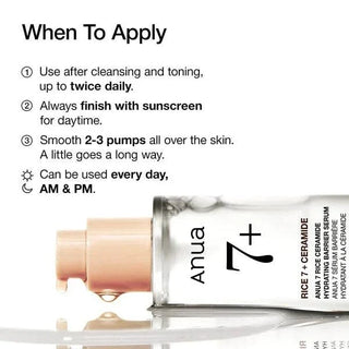 Anua Rice 7 Ceramide Hydrating Barrier Serum 50mL bottle with a sleek design and clear labeling, ideal for nourishing and hydrating skin.