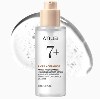 Bottle of ANUA Rice 7 Ceramide Hydrating Barrier Serum 50mL showing the product label and clear glass packaging.
