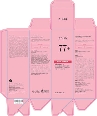 Anua Peach 77 Niacin Essence Toner in a 250mL bottle, featuring peach-themed packaging with the toner visible inside.