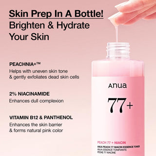 ANUA Peach 77 Niacin Essence Toner bottle with peach-themed packaging, 250mL size, for brightening and skin nourishment