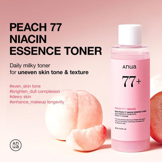 ANUA Peach 77 Niacin Essence Toner bottle showing the clear container with peach-colored liquid inside.
