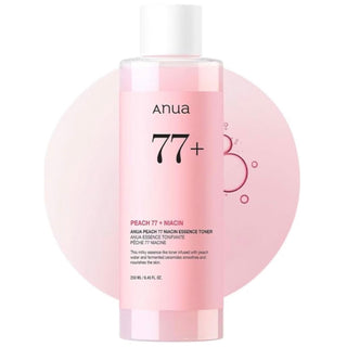 Anua Peach 77 Niacin Essence Toner bottle with peach-themed packaging and label, 250mL size, for skincare and brightening.