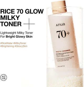ANUA Rice 70 Glow Milky Toner in a 250mL bottle, featuring a milky texture and brightening skincare benefits.