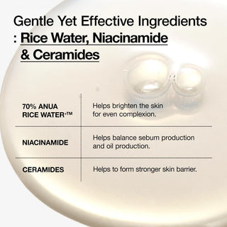 ANUA Rice 70 Glow Milky Toner in a 250mL bottle, featuring a soft, milky texture and rice extract for glowing skin.