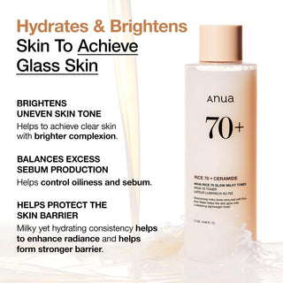 ANUA Rice 70 Glow Milky Toner in a 250mL bottle, featuring a gentle, milky formula for radiant skin, displayed in a clear bottle.