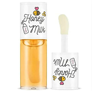 Apieu Honey and Milk Lip Oil 40g jar showing smooth, glossy lip oil with honey and milk ingredients in a clear container.
