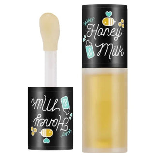 APIEU Honey & Milk Lip Oil in mint flavor, 5g, featuring a clear bottle with a white cap and a mint-scented lip oil inside.
