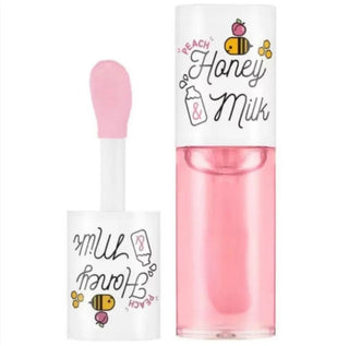 APIEU Honey & Milk Lip Oil in Peach flavor, 5g, featuring a clear tube with peach-colored lip oil and natural honey and milk ingredients.