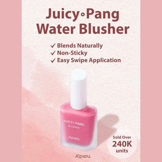 APIEU Juicy Pang Water Blusher 9g makeup product with a soft pink shade in a round compact container.