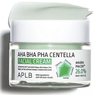APLB AHA BHA PHA Centella facial cream in a 55ml jar, featuring a soothing formula with natural ingredients for skin renewal.
