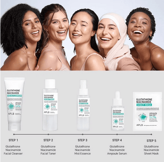 APLB Glutathione Niacinamide Face Sheet Mask in 25mL sachet, showcasing the sheet mask with packaging displaying key ingredients.