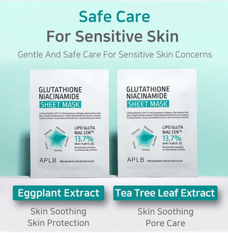 APLB Glutathione Niacinamide Face Sheet Mask 25mL, hydrating skincare mask with brightening ingredients, displayed in packaging.