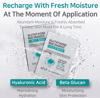 APLB Glutathione Niacinamide Face Sheet Mask 25mL shown in packaging with the mask inside, designed for brightening and skin rejuvenation.