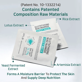 APLB Glutathione Niacinamide Face Sheet Mask 25mL, soothing skincare mask for brightening and skin rejuvenation.