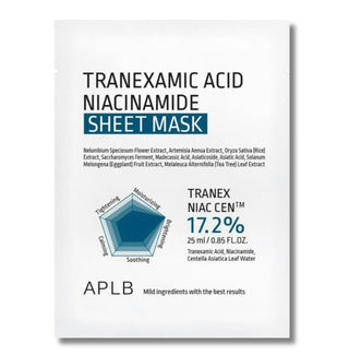 APLB Tranexamic Acid and Niacinamide face sheet mask for brightening and skin clarity, shown in its packaging.
