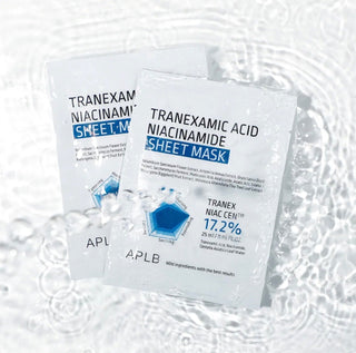 APLB Tranexamic Acid Niacinamide face sheet mask showing a white sheet mask with branding packaging for brightening and skin clarity.
