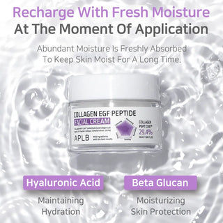 APLB Collagen EGF Peptide Facial Cream in 55ml jar, showing the cream's smooth texture and elegant packaging.