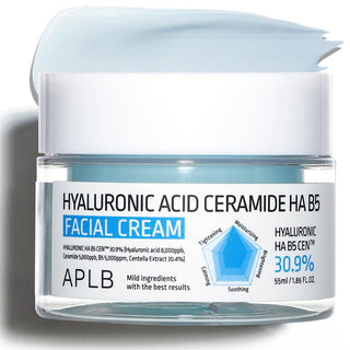 APLB Hyaluronic Acid Ceramide Ha B5 Facial Cream 55ML bottle, moisturizing skincare with hyaluronic acid and ceramides.