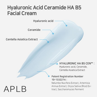APLB Hyaluronic Acid Ceramide Ha B5 Facial Cream 55ML jar showing the creamy texture and product label on the packaging.