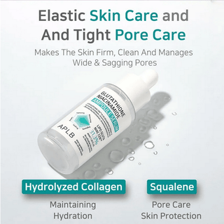 APLB Glutathione Niacinamide Ampoule Serum in 40mL bottle, clear glass container with dropper, skincare product for brightening.