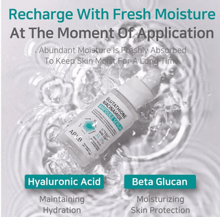 APLB Glutathione Niacinamide Ampoule Serum in 40mL bottle, clear glass packaging with dropper, showcasing skincare serum for brightening.