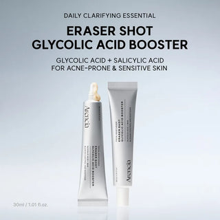 Arencia Eraser Shot Glycolic Acid Booster 30ml, clear glass bottle with dropper for skincare treatment.