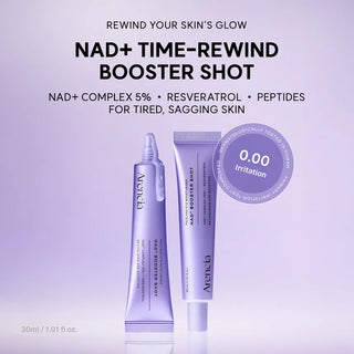 Arencia NAD+ Booster Shot 30ml, a clear vial with a dropper cap, designed to boost energy and vitality.
