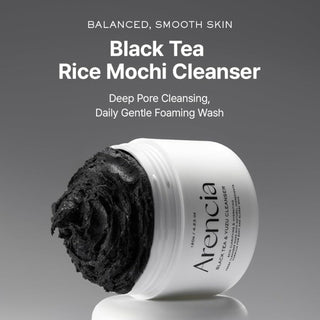 ARENCIA Black Tea Rice Mochi Cleanser 120g bottle with black and white label, showcasing the product's packaging and design.