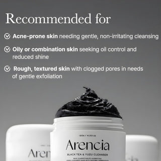 Arencia Black Tea Rice Mochi Cleanser in a 120g tube, featuring black tea and rice mochi for gentle skincare.