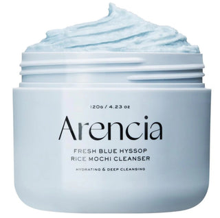 Arencia Fresh Blue Hyssop Rice Mochi Cleanser in 120g with a pump dispenser and blue packaging, designed for gentle facial cleansing.
