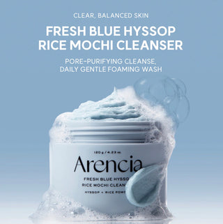 Arencia Fresh Blue Hyssop Rice Mochi Cleanser 120g with a white and blue tube, designed for gentle facial cleansing.
