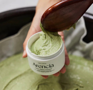 Arencia Fresh Green Rice Mochi Cleanser 120g jar with green rice extract, showcasing the product and its packaging.