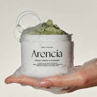 Arencia Fresh Green Rice Mochi Cleanser 120g, creamy facial cleanser with green rice extract, shown in a white tube with green accents.