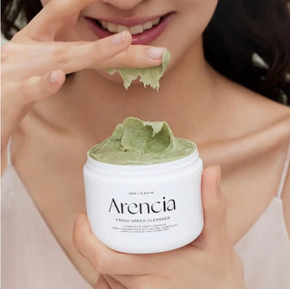ARENCIA Fresh Green Rice Mochi Cleanser in 120g jar, showing the light green creamy texture and packaging.