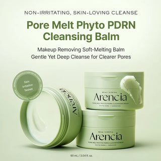 Arencia Pore Melt Phyto PDRN Cleansing Balm 90ml jar with smooth white balm and botanical ingredients visible.