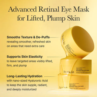 Arencia Retinal Boosting Eye Mask, set of 60, showing individual eye mask sheets designed to reduce puffiness and improve skin elasticity.