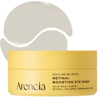 ARENCIA Retinal Boosting Eye Mask showing a package of 60 eye masks with soothing design and branding on the front.