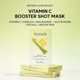 Arencia Vitamin C booster shot face mask in 27ml sachet, designed to brighten and rejuvenate skin with vitamin C.