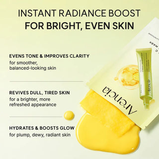 Arencia Vitamin C booster shot face mask in 27ml sachet, designed to brighten and rejuvenate skin.