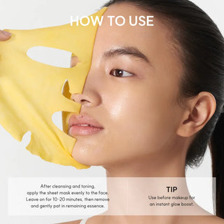 Arencia Vitamin C Booster Shot Face Mask, 27ml, showing a sleek, transparent mask container with vibrant citrus design.
